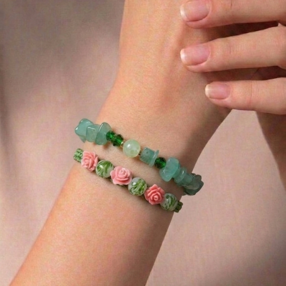 Green and Pink Beaded Floral Bracelet Set